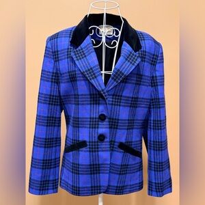 Pendleton Vintage Plaid Wool Blazer Velvet Trim Size 12 USA Made
